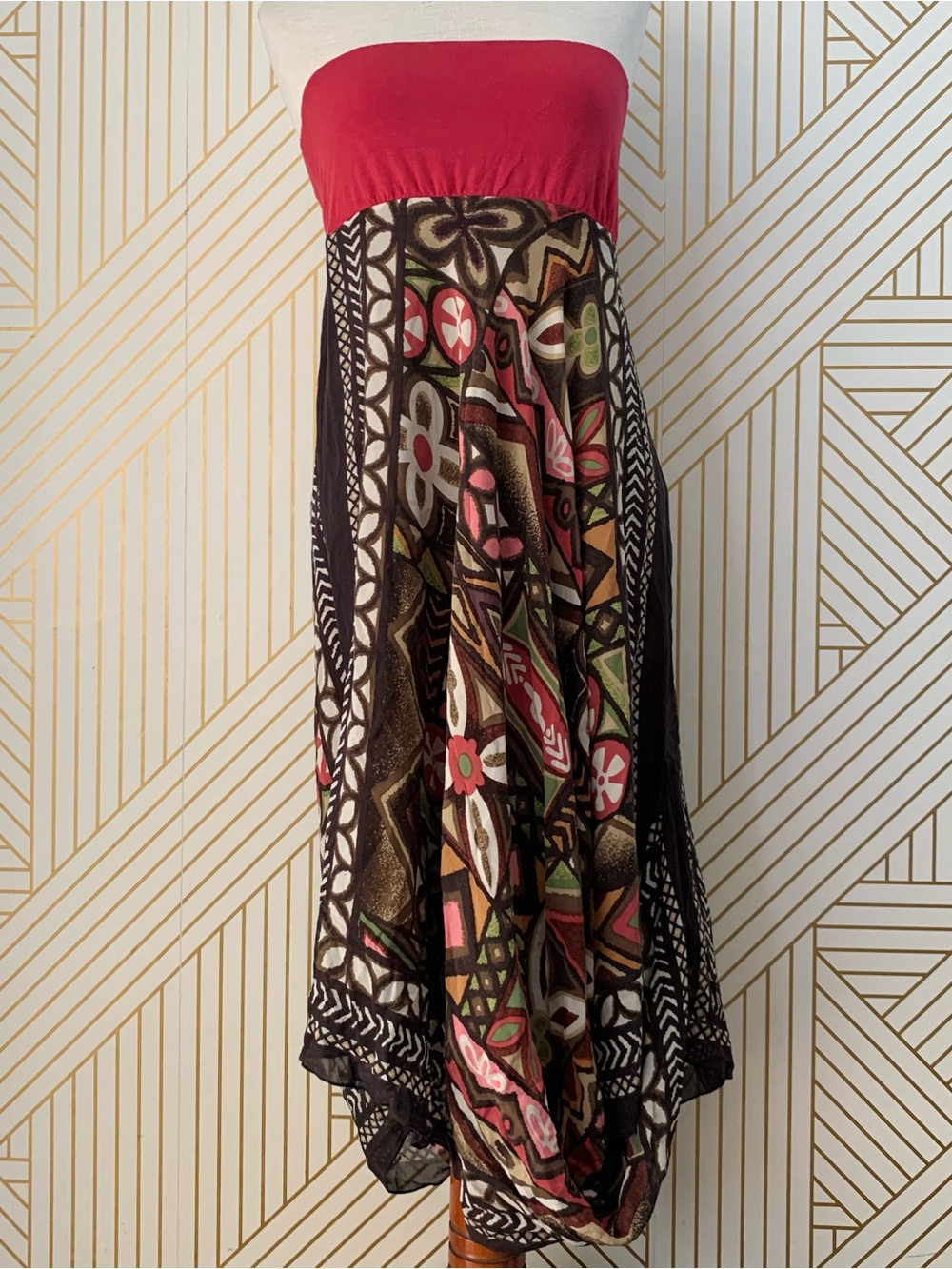 Nicole Miller Studio Y2K Silk abstract handkerchief Strapless Boho Dress